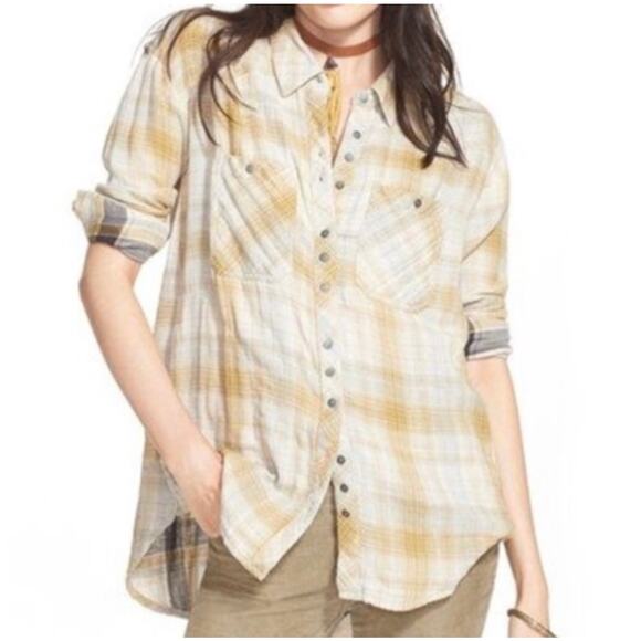 Free People Mustard Yellow Flannel Double Dip Button Down Oversized Shirt Medium - Picture 2 of 9